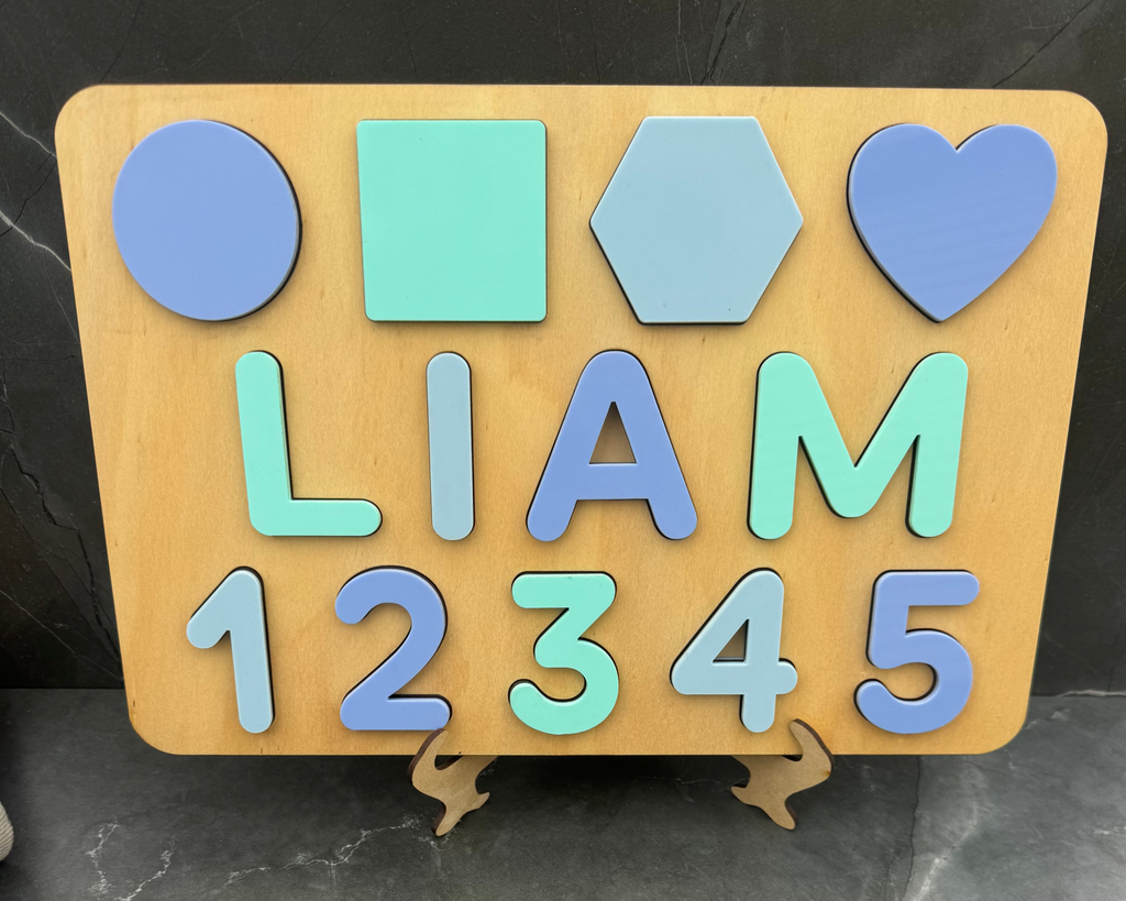 Personalised Wooden Puzzel - Name, Shapes & Numbers