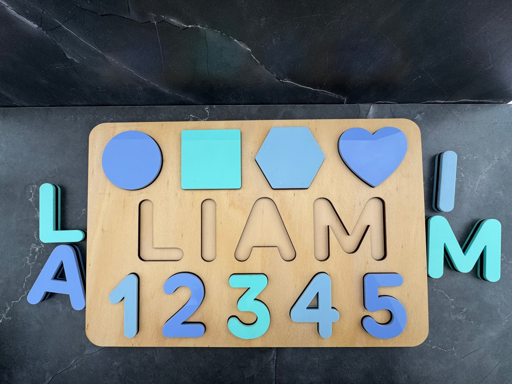 Personalised Wooden Puzzel - Name, Shapes & Numbers