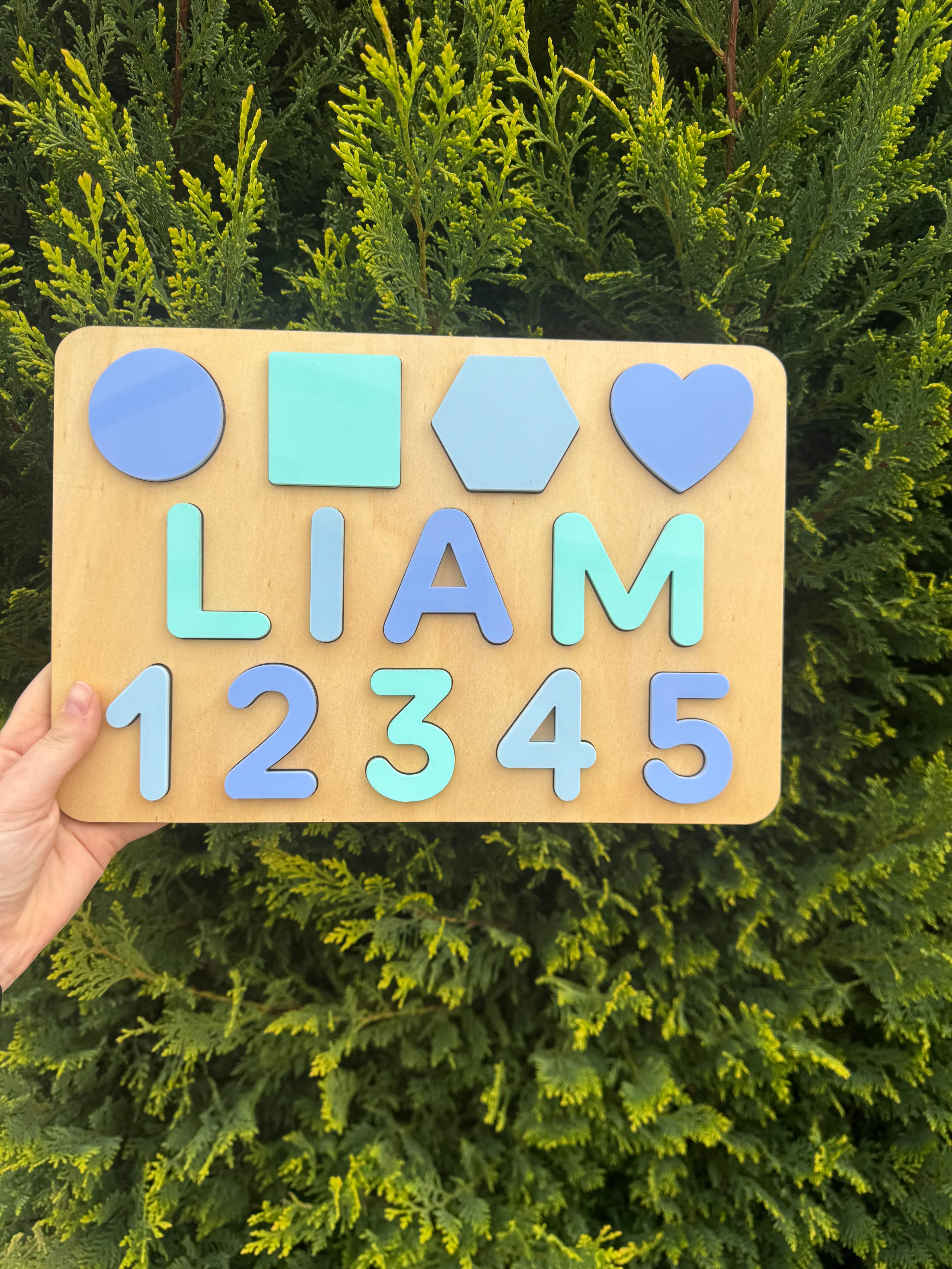 Personalised Wooden Puzzel - Name, Shapes & Numbers