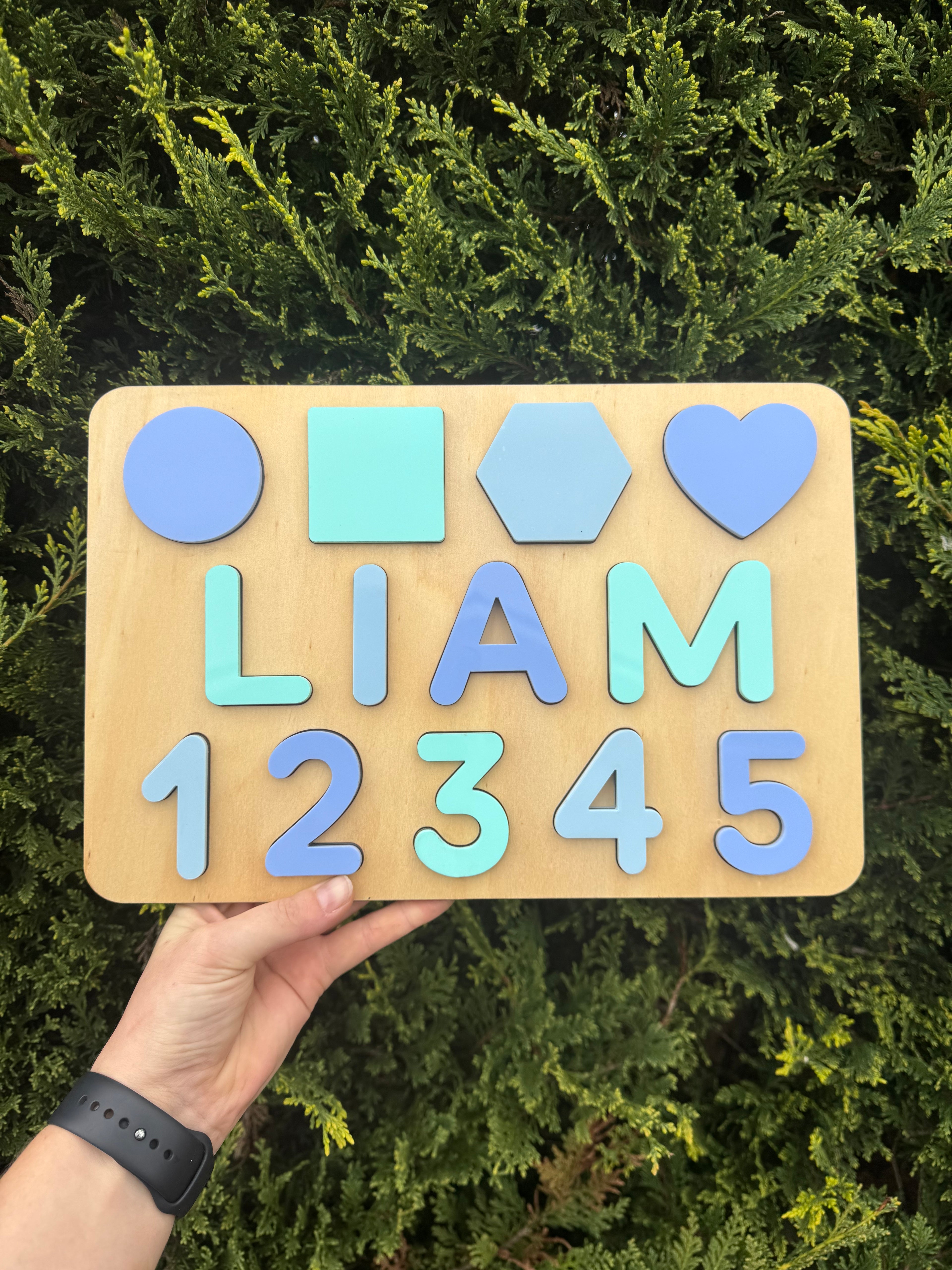 Personalised Wooden Puzzel - Name, Shapes & Numbers